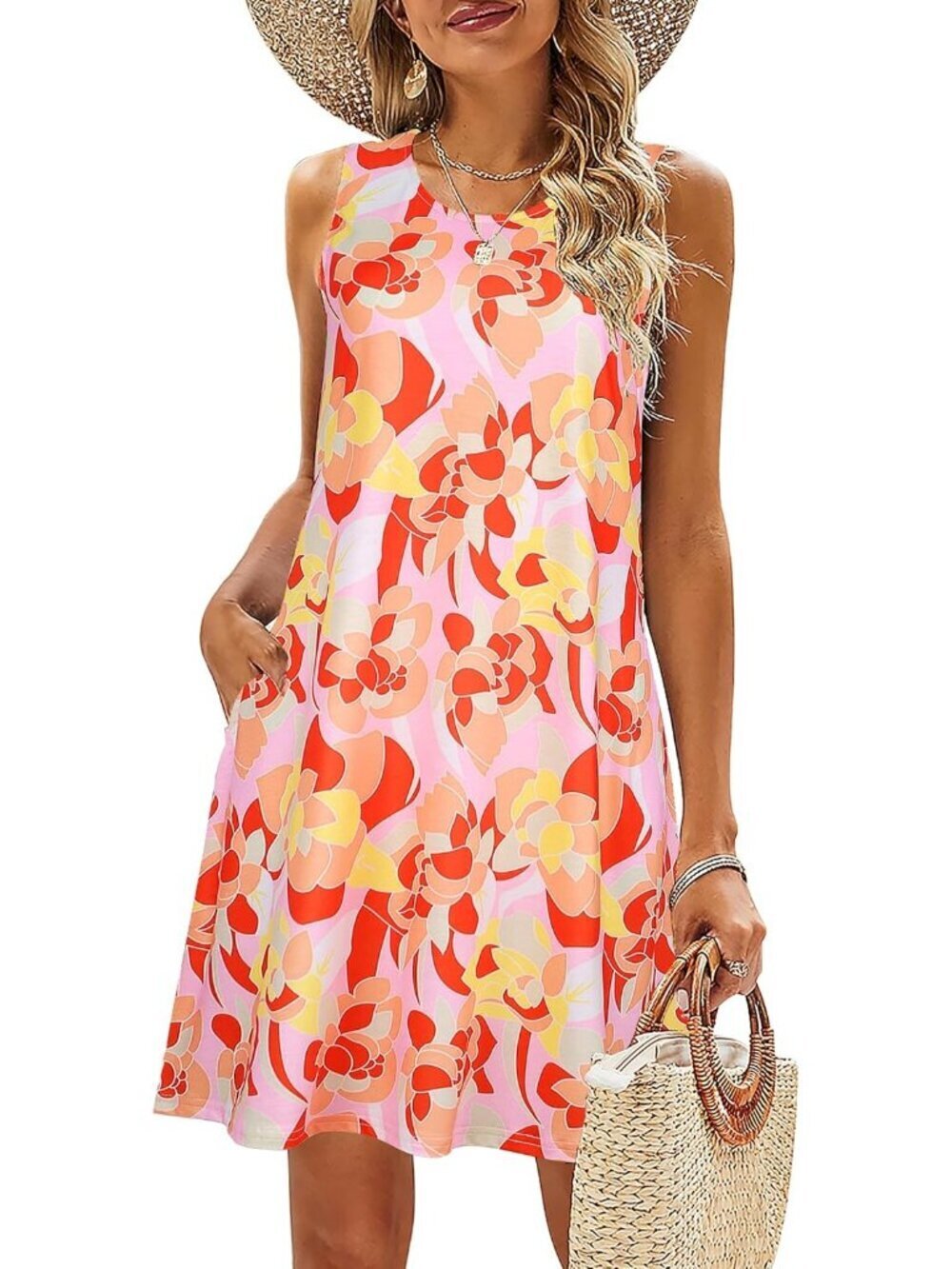 Women's Orange Floral Beach Floral Shirt Sundress Casual Pockets Boho Tank Dress